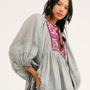 Free People Striped Peasant Tunic with Pink Embroidered Yoke